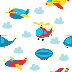 Scheme of children's air transport. Seamless pattern of cute children's aviation, children's wallpaper with helicopters and planes. cartoon vector texture illustration of air pattern sky