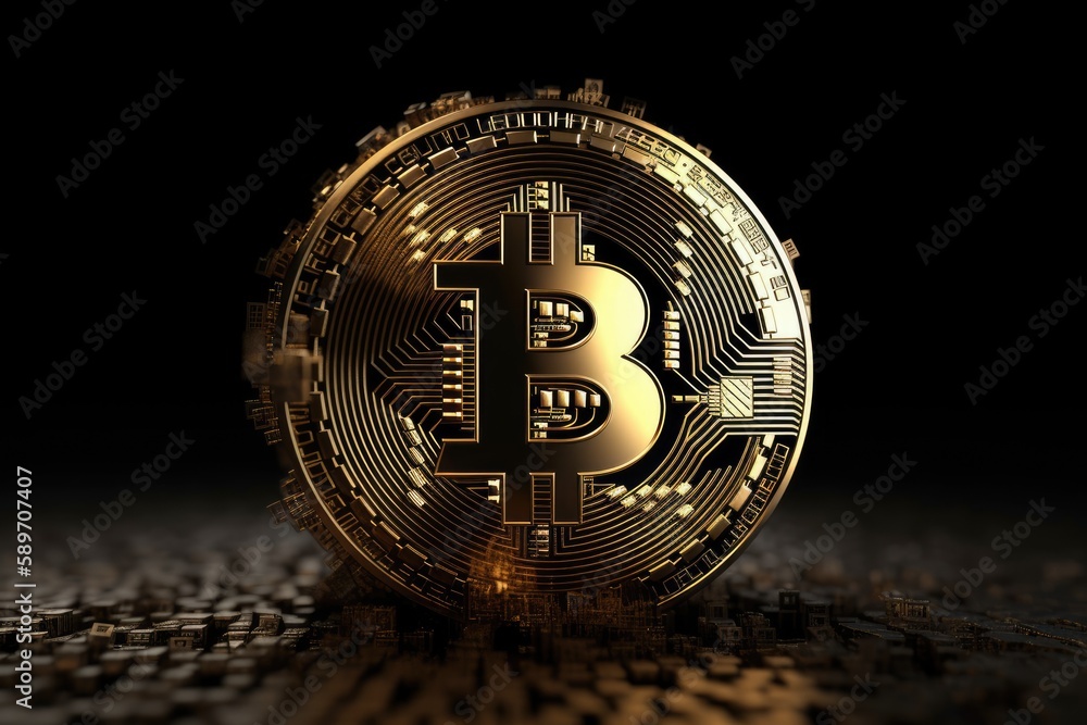 Aufkleber golden bitcoin on top of a stack of bitcoins. generative ai