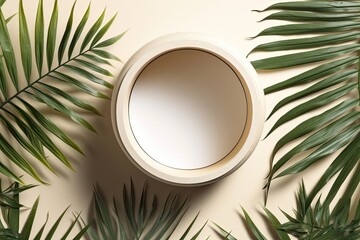round mirror with tropical palm leaves as a decorative frame on a white wall. Generative AI