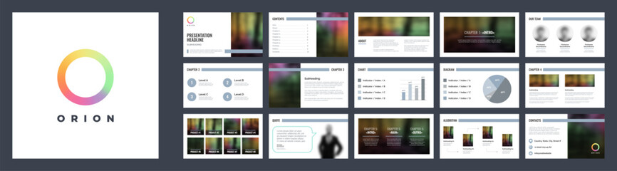 Presentation slides and pages template. Set of corporate branding presentation slide screens with colorful rainbow logo and backgrounds. Modern company corporate identity media kit set.
