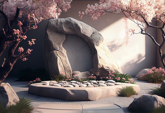 Elegant stone garden with cherry blossom, minimalist mockup for podium display or showcase AI generation. Generative AI