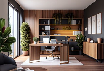 Modern wooden office interior with furniture, equipment and decorative plant. 3D Rendering. Generative AI