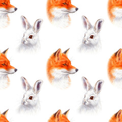 Watercolor seamless pattern with hare and fox portraits.
