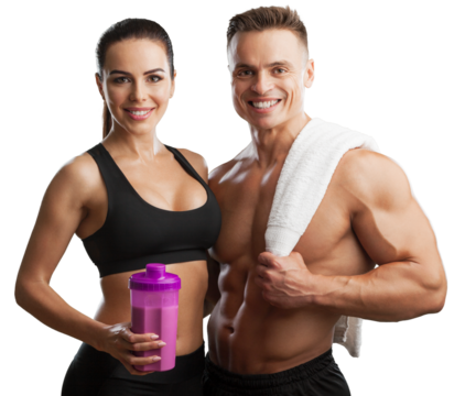 Beautiful young sports people are holding bottles of water, looking at camera and smiling, on gray background - Powered by Adobe