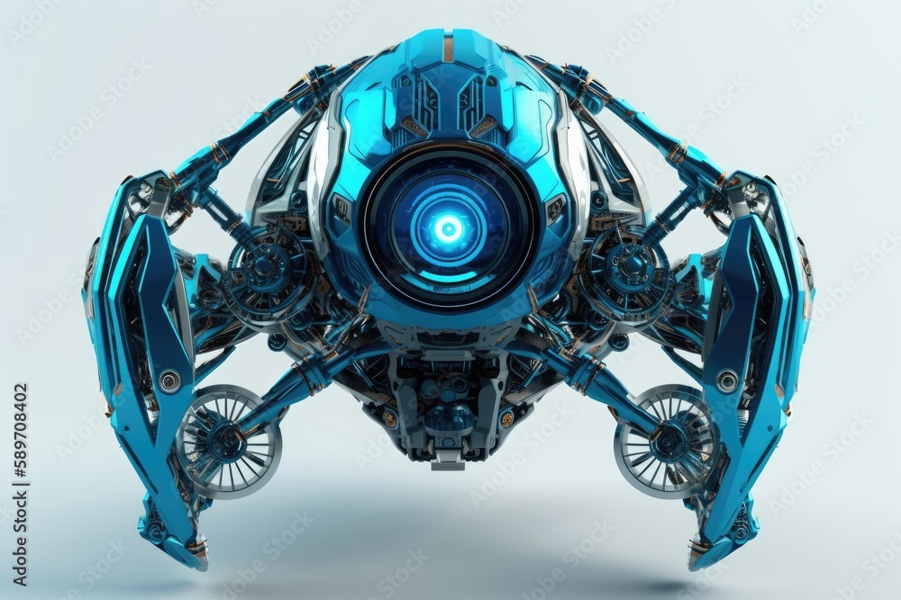 Poster sleek blue vehicle with multiple wheels in a futuristic setting. generative ai