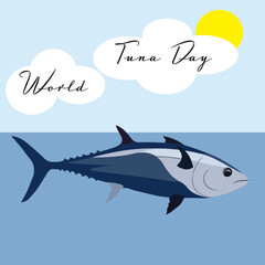 Big tuna fish in the water, a light blue sky with white clouds, yellow sun, and text World Tuna Day.