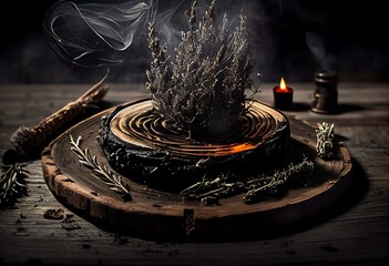 Charcoal burning with incense, incense resin, rosemary, laurel, lavender on a rustic wooden table. Generative Ai