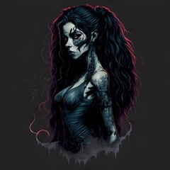 scary halloween zombie girl with dark hair and clothes. Generative AI