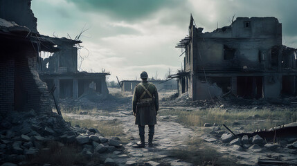 Horrors of the second world war. Soldier in the abandoned ruined city. Realistic drawning wallpaper in the style of Call Of Duty background. 
