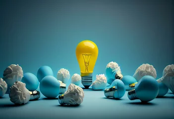 Möbelaufkleber Light bulb yellow floating outstanding among lightbulb light blue on background. Concept of creative idea and innovation, Think different, Individual and standing out from the crowd.. Generative AI © Bobby