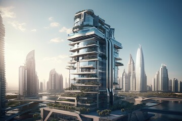 Obraz premium skyscraper with a modern glass facade and many windows. Generative AI