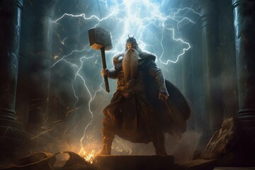 Scandinavian God Thor stands in the Halls of Valhalla, surrounded by Lightnings, Generative AI