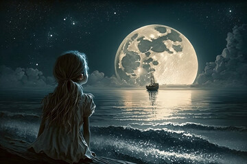 Fototapeta premium girl talks to the moon, using ai