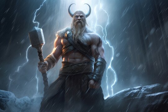 Scandinavian God Thor stands in the Halls of Valhalla, surrounded by Lightnings, Generative AI