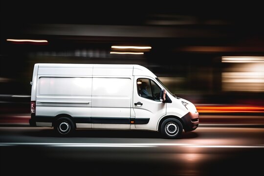 Delivery courier van drives fast on motion blur street background. Generative ai