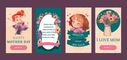 Happy mothers day illustration with woman holding a Flowers. Thank you card with blooming flowers. Use for Boarding Pass, birthday card, invitations, Birthday card Vector illustration
