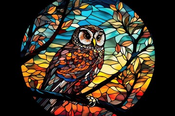 colorful stained glass owl perched on a tree branch. Generative AI