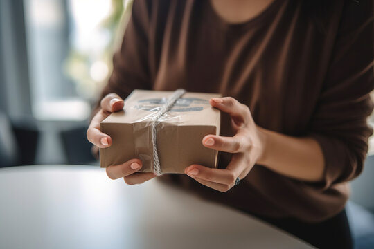 Female hands holding parcel box or gift box package in craft paper. Generative ai