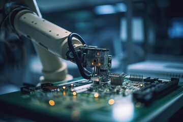 Fototapeta na wymiar A robotic arm assembling a circuit board in factory. Generative ai