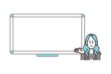 Young female businessperson standing by whiteboard (copy space) [Vector illustration].