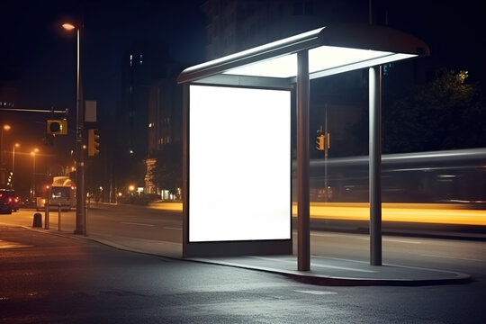 Mockup of advertising light box in bus station in midnight. Generative ai