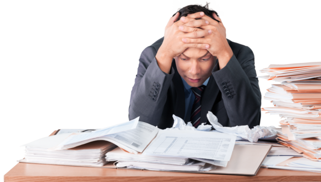 Tired young businessman with many business papers - Powered by Adobe