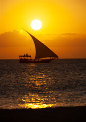 Sunset over the sea with classical African sail boat in the foreground- Zanzibar island in Tanzania