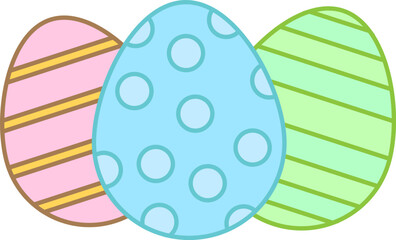 Easter eggs painted in pink, blue and green colors.