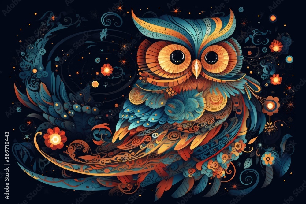 Poster an owl perched on a branch in a forest. generative ai