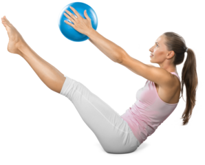 Young woman training with Fitness Ball on white background