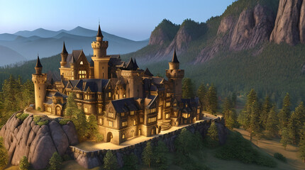 Illustration of a Renaissance style castle in the mountains on a autumn evening- AI Generated
