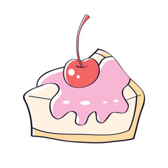 Cheesecake slice with a red sweet cocktail maraschino cherry isolated cartoon vector illustration