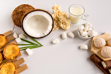 Coconut candy on white background, cocada, shredded coconut, little kiss coconut and chocolate coconut