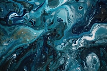 Obraz premium close-up view of a blue and black abstract painting with fluid textures. Generative AI