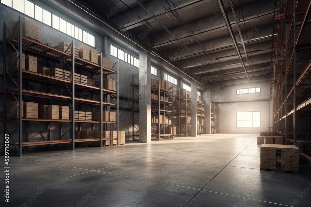 Poster warehouse with multiple shelves and storage units. generative ai