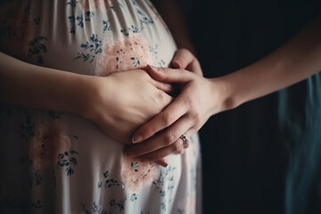 Pregnant couple expecting baby. Pregnant woman holds hands on belly. Pregnancy, maternity  Generative AI