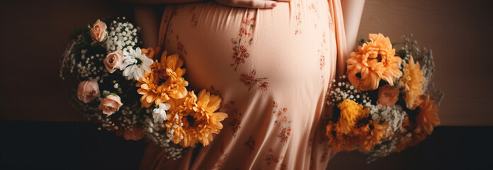 Pregnant woman holds hands on belly with flowers. Pregnancy, maternity, preparation Generative AI