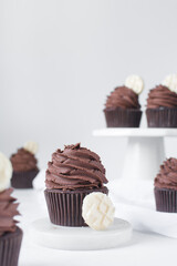Chocolate cupcake with dark chocolate buttercream, double chocolate cupcakes with american buttercream, tall swirl frosting on a cupcake with a wafer