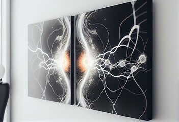 Wide banner with scientific abstract representation of magnetic field with two opposite charges on white background. Generative AI