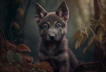 Wolf Pup in the woods. Generative AI