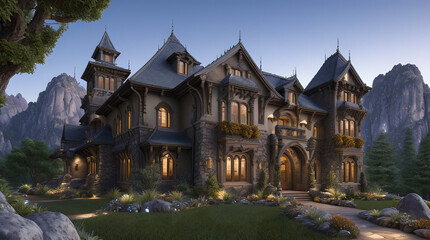 Fototapeta premium Illustration of a Renaissance style mansion in the mountains on a autumn night- AI Generated