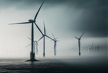 Fototapeta Wind Power. Offshore Wind Turbines on a Hazy Morning. Sustainable Electricity Concept. Generative AI obraz
