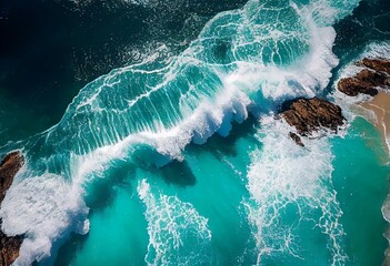 Fototapeta na wymiar Aerial view over azure ocean with rolling waves. Top view to the ocean in summer sunny day - closeup. Drone view of a Scenic slow motion ocean waves. Beautiful Sea blue water with blue. Generative AI