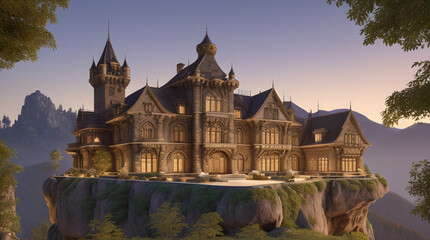 Obraz premium Illustration of a Renaissance style mansion in the mountains on a autumn night- AI Generated