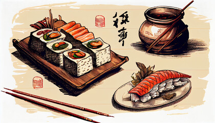 Sushi and chopsticks sketch. Asian food sketch vintage vector illustration