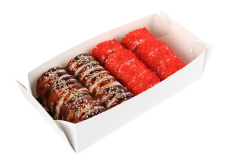 Food delivery. Paper box with different delicious sushi rolls isolated on white