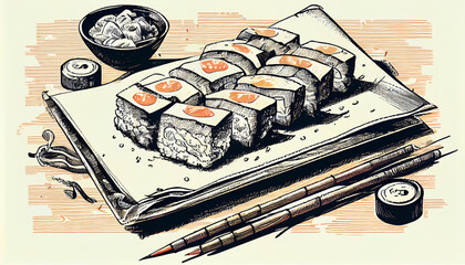 Sushi and chopsticks sketch. Asian food sketch vintage vector illustration