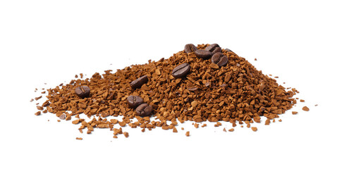 Heap of instant coffee and beans on white background