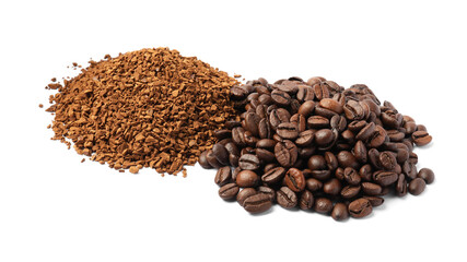 Heap of instant coffee and beans on white background
