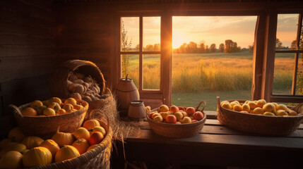 Obraz na płótnie Canvas Basket Of Pumpkins, Apples And Corn On Harvest Table in Barn With Open Door And Sunset Background - Harvest And Thanksgiving Generative AI